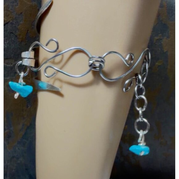 Handcrafted Silver Fork Cuff Bracelet W Stainless Steel Links & Turquoise Charm - Picture 3 of 15